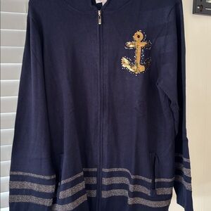 QUACKER FACTORY NAVY BLUE ZIP UP JACKET GOLD SEQUINED ANCHOR ON FRONT AND BACK